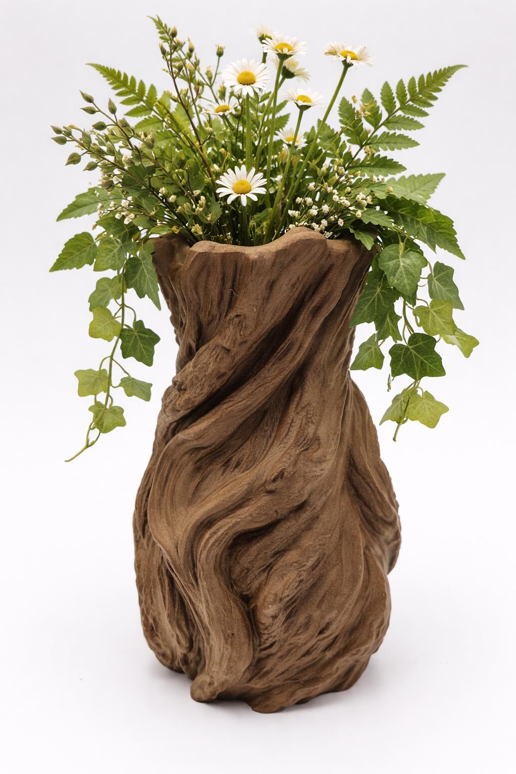 Twisted Wood-Look Vase, Tree Bark Texture, Fresh Flower Holder, Home Decor (3D Printed)