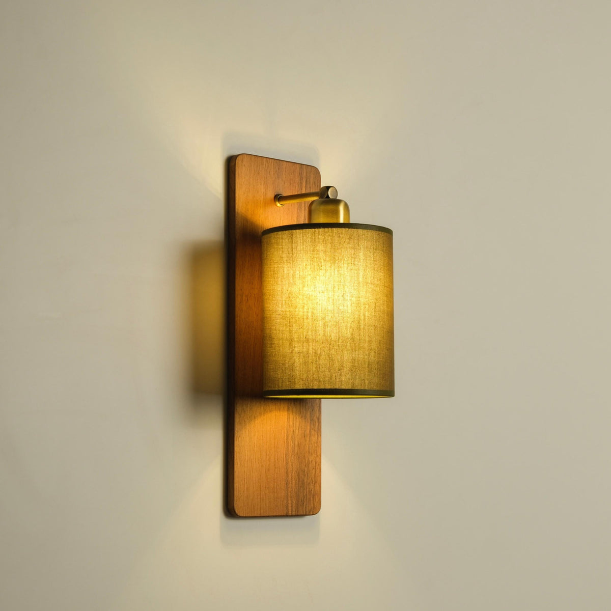 Linen Drum Shade Wall Sconce, Rustic Wood Backplate, Modern Lighting