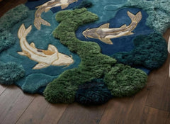 Hand Tufted Koi Pond Rug, 3D Textured Japanese Garden Carpet, Whimsical Blue Green Fish