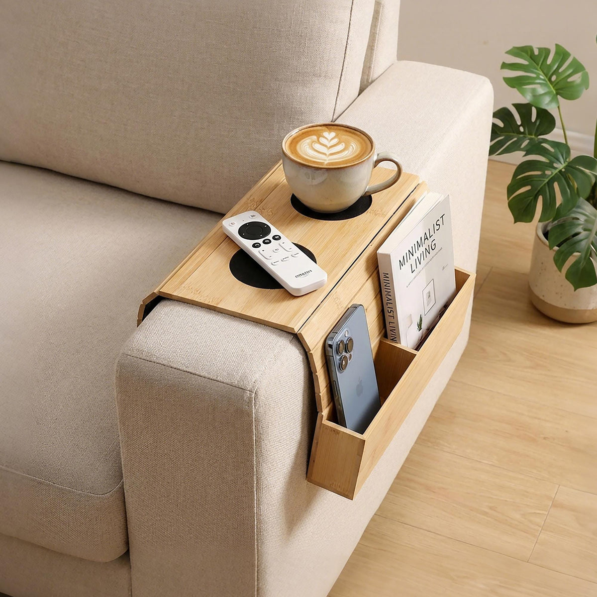 Wooden Sofa Armrest Table, Couch Table for Drinks, Remotes and Others