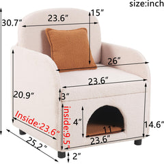 Cream White Sherpa Accent Chair with Cat Cave & Custom Pillow – Pet Friendly 2-in-1 Chair and Cat Bed, Modern Living Room Furniture