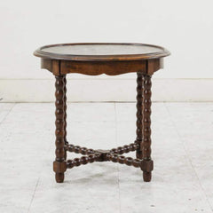 Round Oak Side Table with Turned Legs. Small Wood End Table.