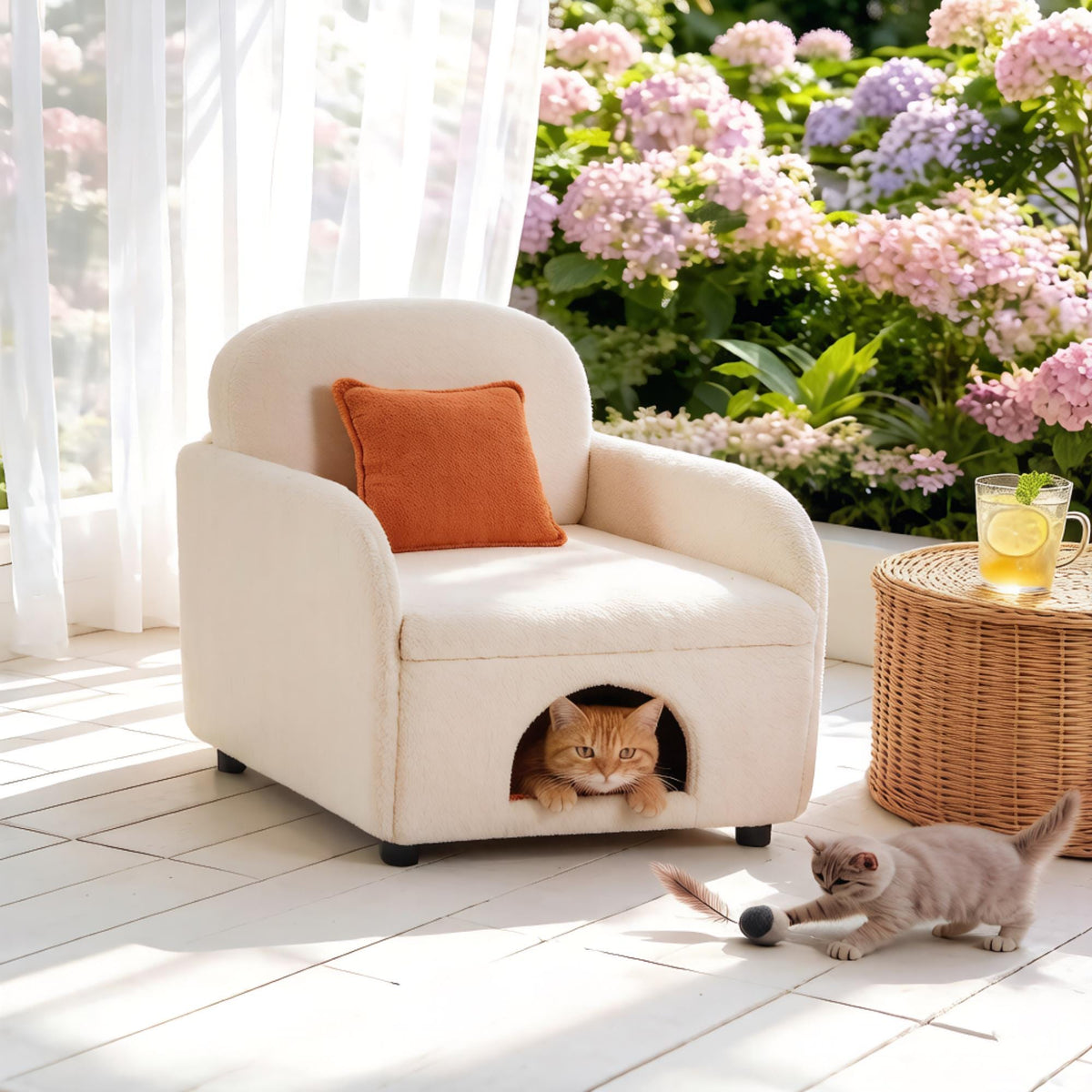 Cream White Sherpa Accent Chair with Cat Cave & Custom Pillow – Pet Friendly 2-in-1 Chair and Cat Bed, Modern Living Room Furniture