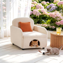 Cream White Sherpa Accent Chair with Cat Cave & Custom Pillow – Pet Friendly 2-in-1 Chair and Cat Bed, Modern Living Room Furniture