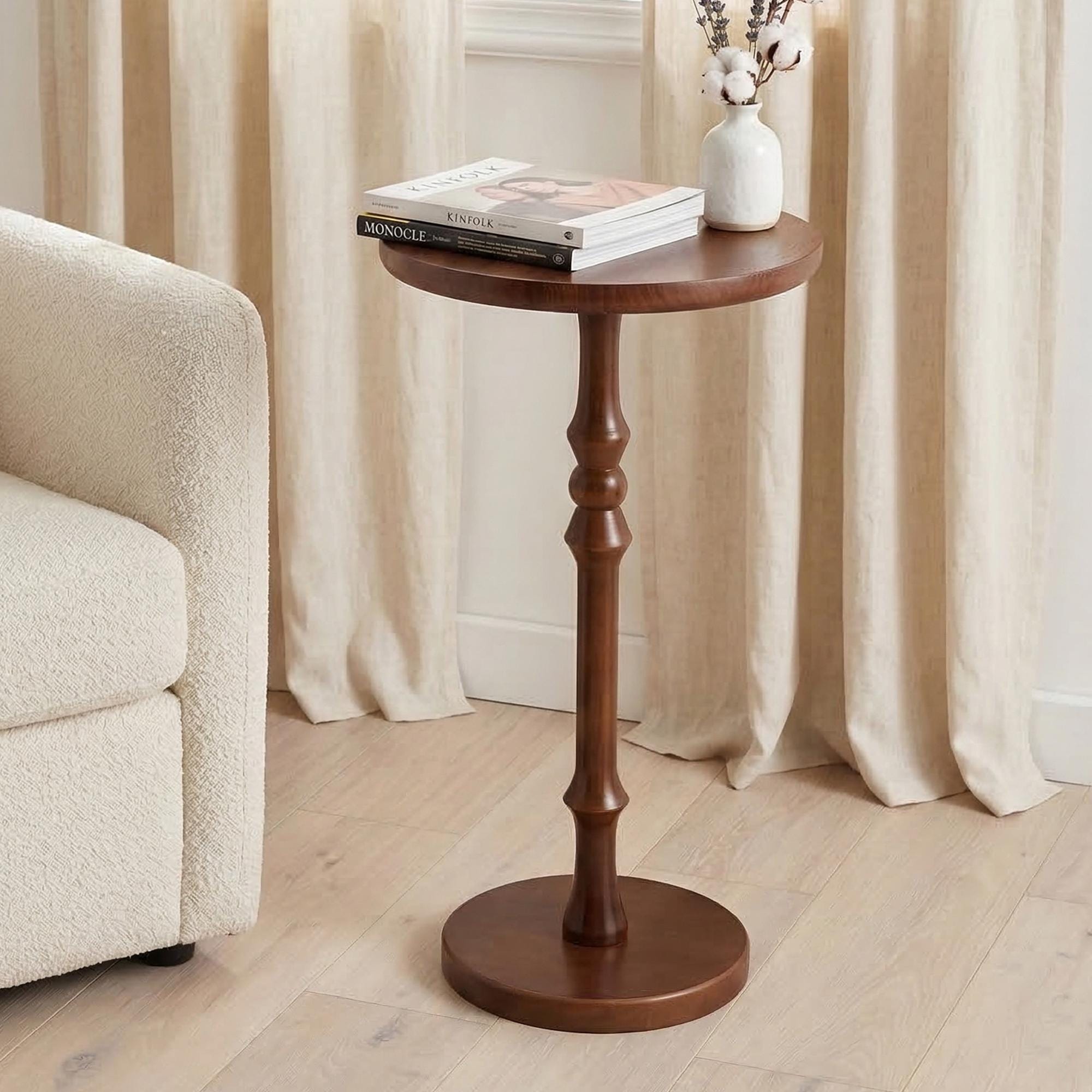 Solid Wood Small Round Pedestal Side Table, Minimalist Sofa End Table