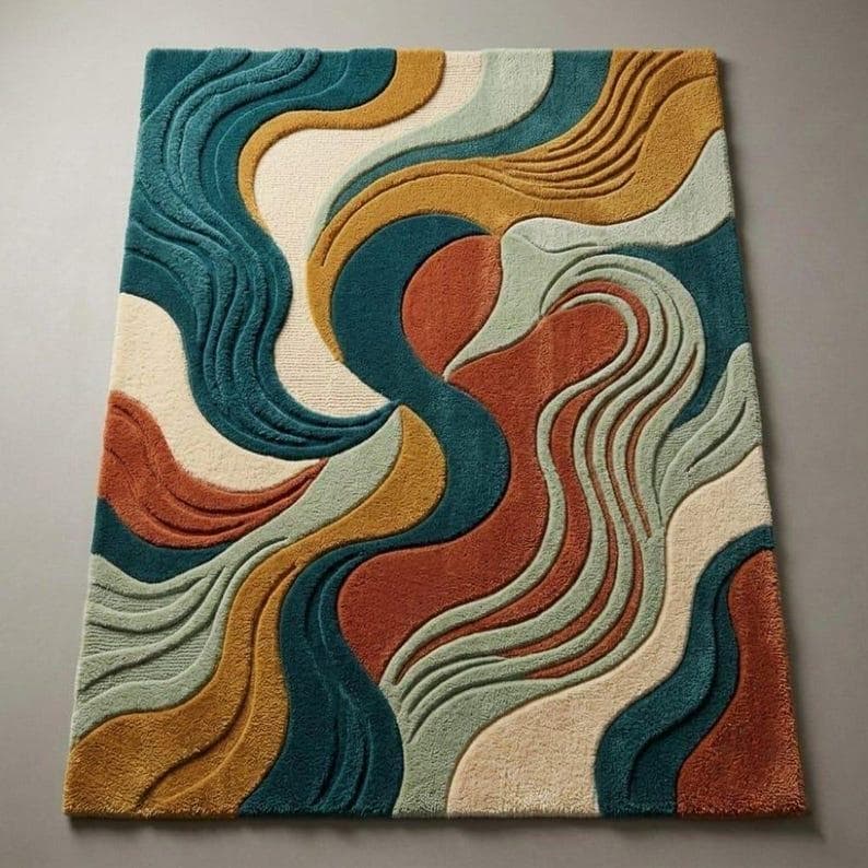 Luxury Handmade Modern Abstract Area Rug for Living Room Home Decor Wavy Pattern Carpet