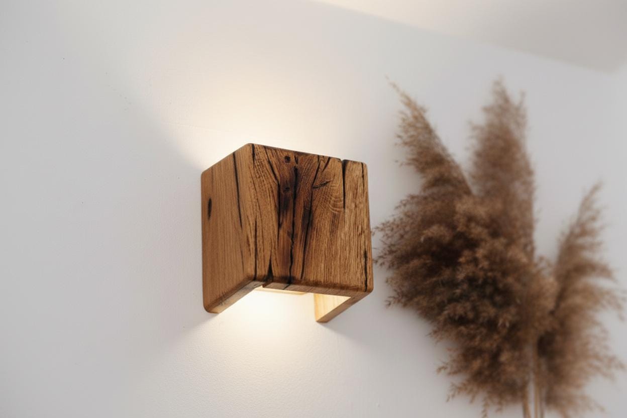 Reclaimed Oak Wall Lamp, Wooden Wall Sconce, Rustic Minimalist Light, Plug-in or Hardwired