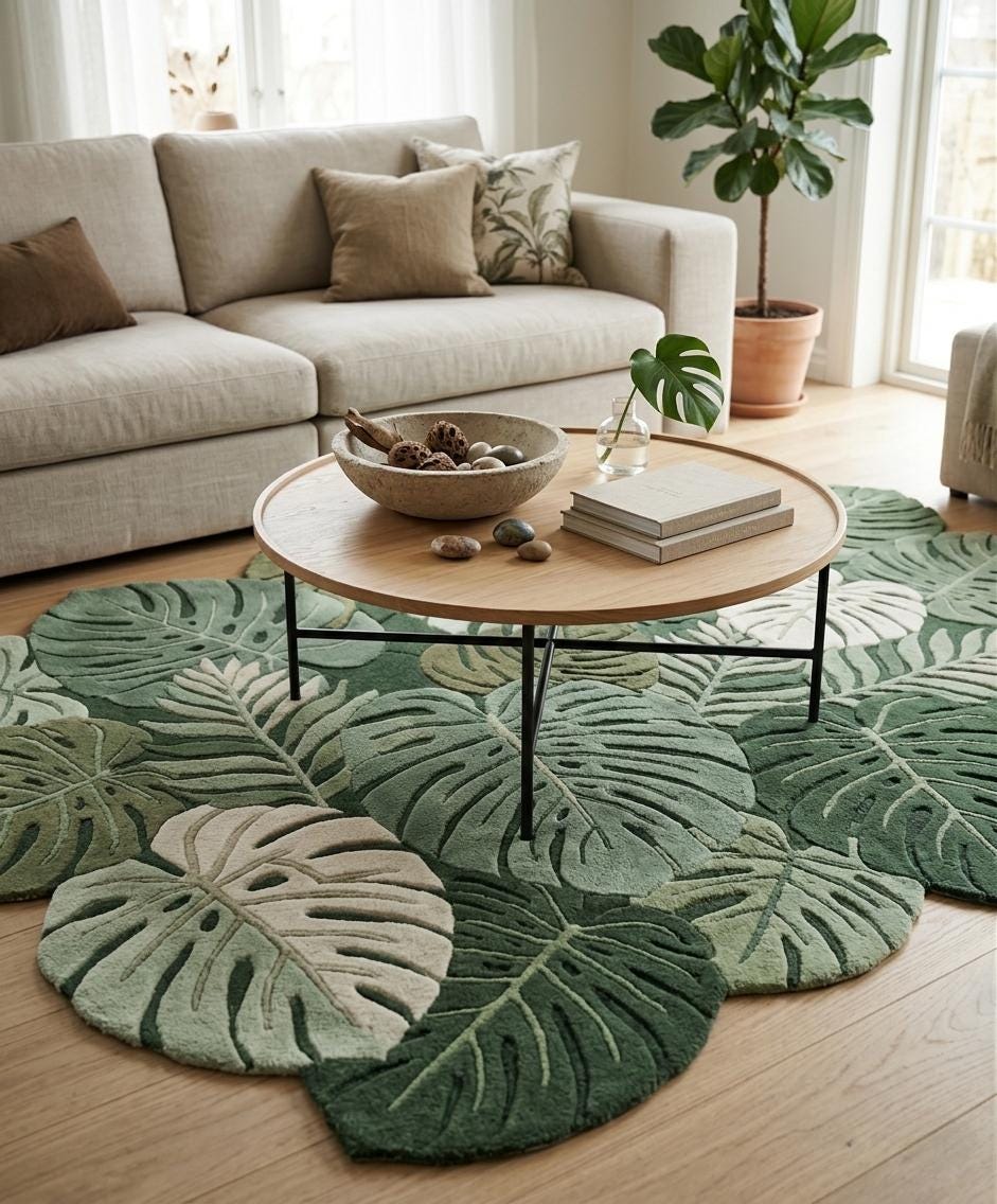 Monstera Leaf Hand Tufted Wool Rug – Tropical Botanical Area Rug for Living Room Decor
