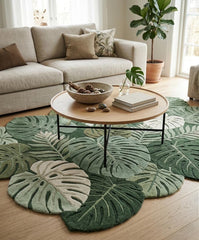 Monstera Leaf Hand Tufted Wool Rug – Tropical Botanical Area Rug for Living Room Decor
