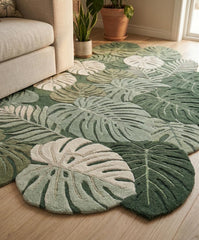 Monstera Leaf Hand Tufted Wool Rug – Tropical Botanical Area Rug for Living Room Decor