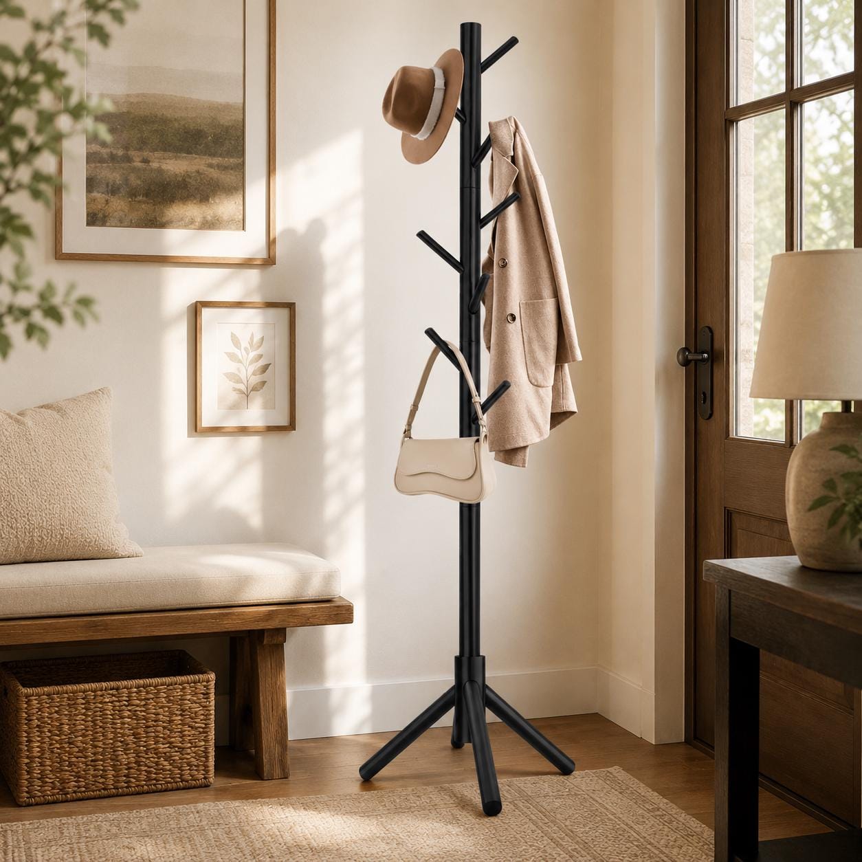 Modern Wood Freestanding Coat Rack With 8 Hooks | Black Standing Corner Hat Stand | Entryway Organizer | Adjustable Tree Coat Racks