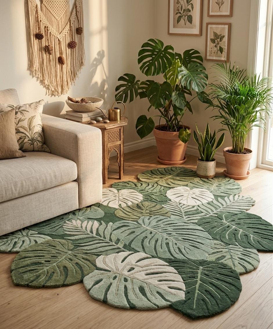 Monstera Leaf Hand Tufted Wool Rug – Tropical Botanical Area Rug for Living Room Decor