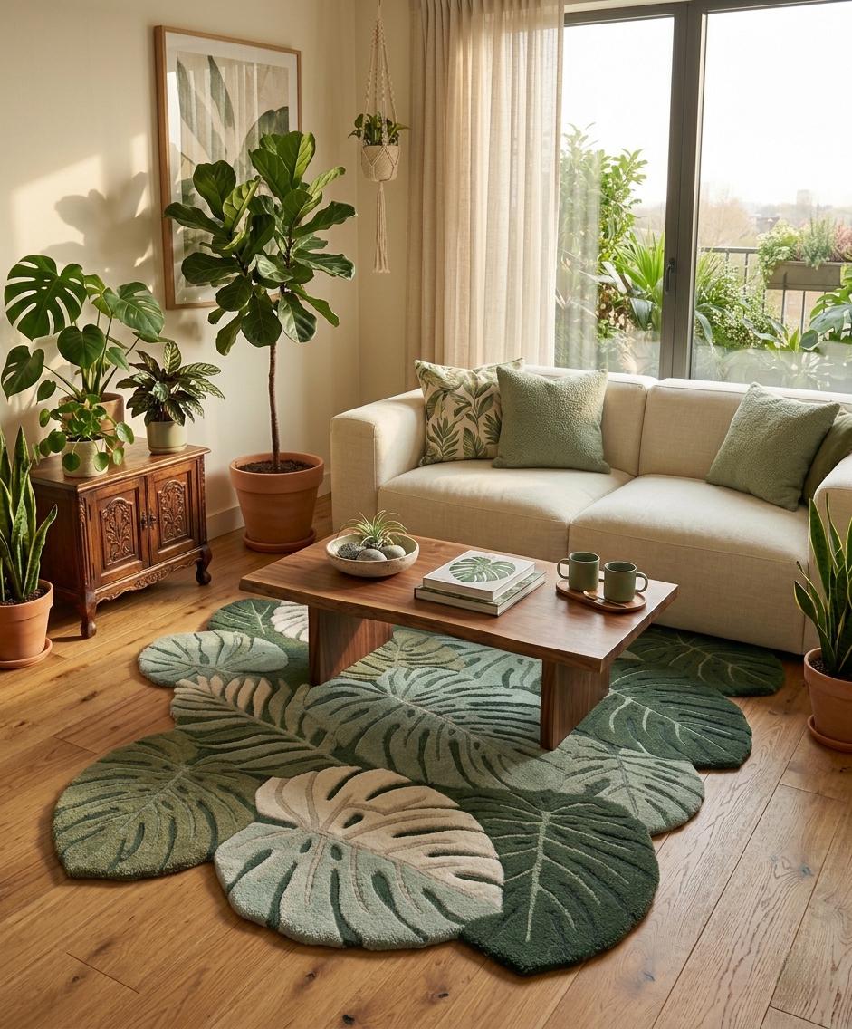 Monstera Leaf Hand Tufted Wool Rug – Tropical Botanical Area Rug for Living Room Decor