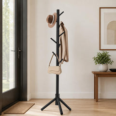 Modern Wood Freestanding Coat Rack With 8 Hooks | Black Standing Corner Hat Stand | Entryway Organizer | Adjustable Tree Coat Racks