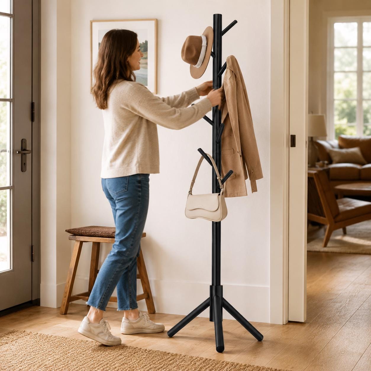 Modern Wood Freestanding Coat Rack With 8 Hooks | Black Standing Corner Hat Stand | Entryway Organizer | Adjustable Tree Coat Racks