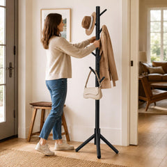 Modern Wood Freestanding Coat Rack With 8 Hooks | Black Standing Corner Hat Stand | Entryway Organizer | Adjustable Tree Coat Racks