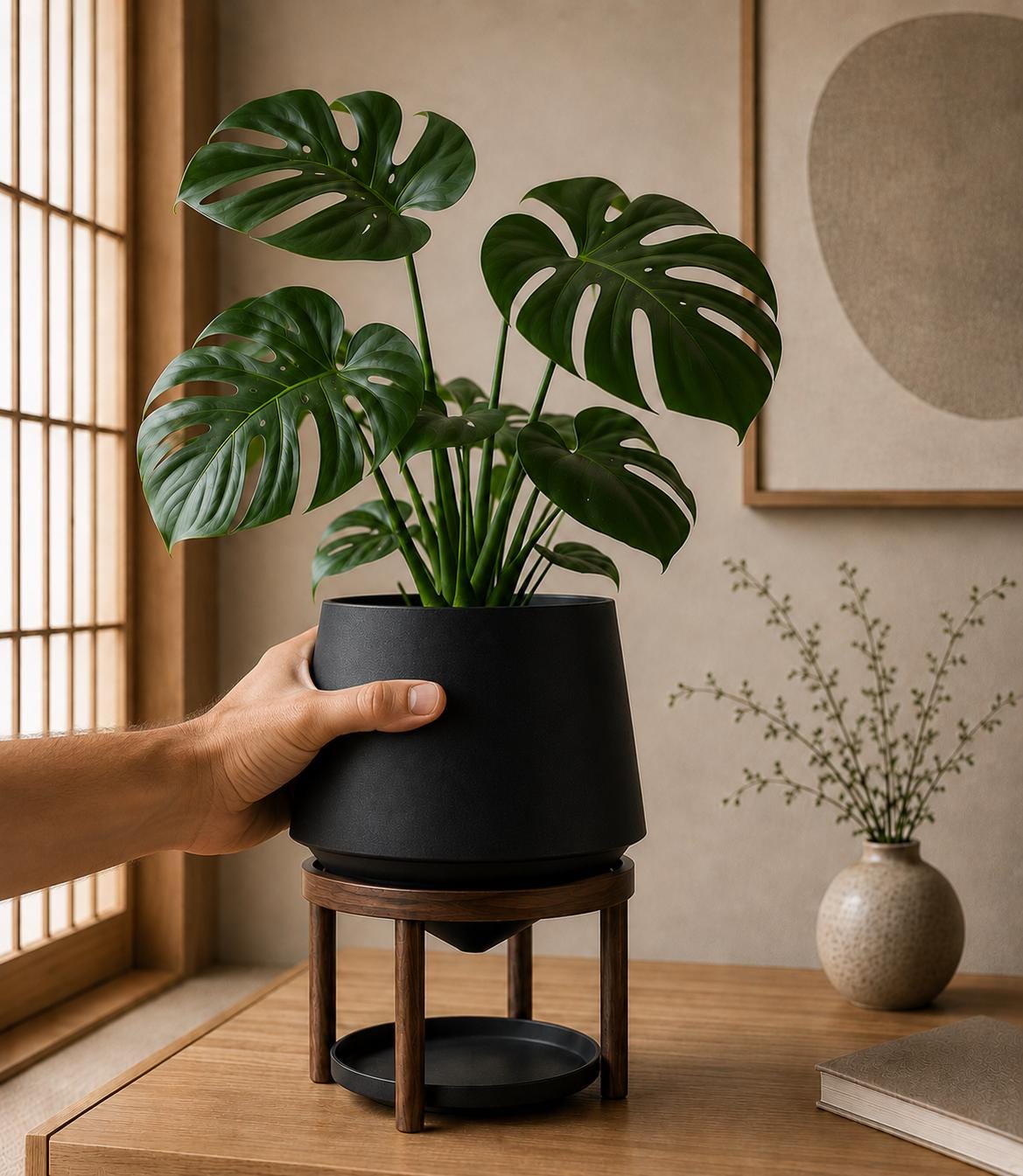 Planter with Wood-Look Stand - 3D Printed Plant Pot with Drainage - Minimalist Indoor Pot