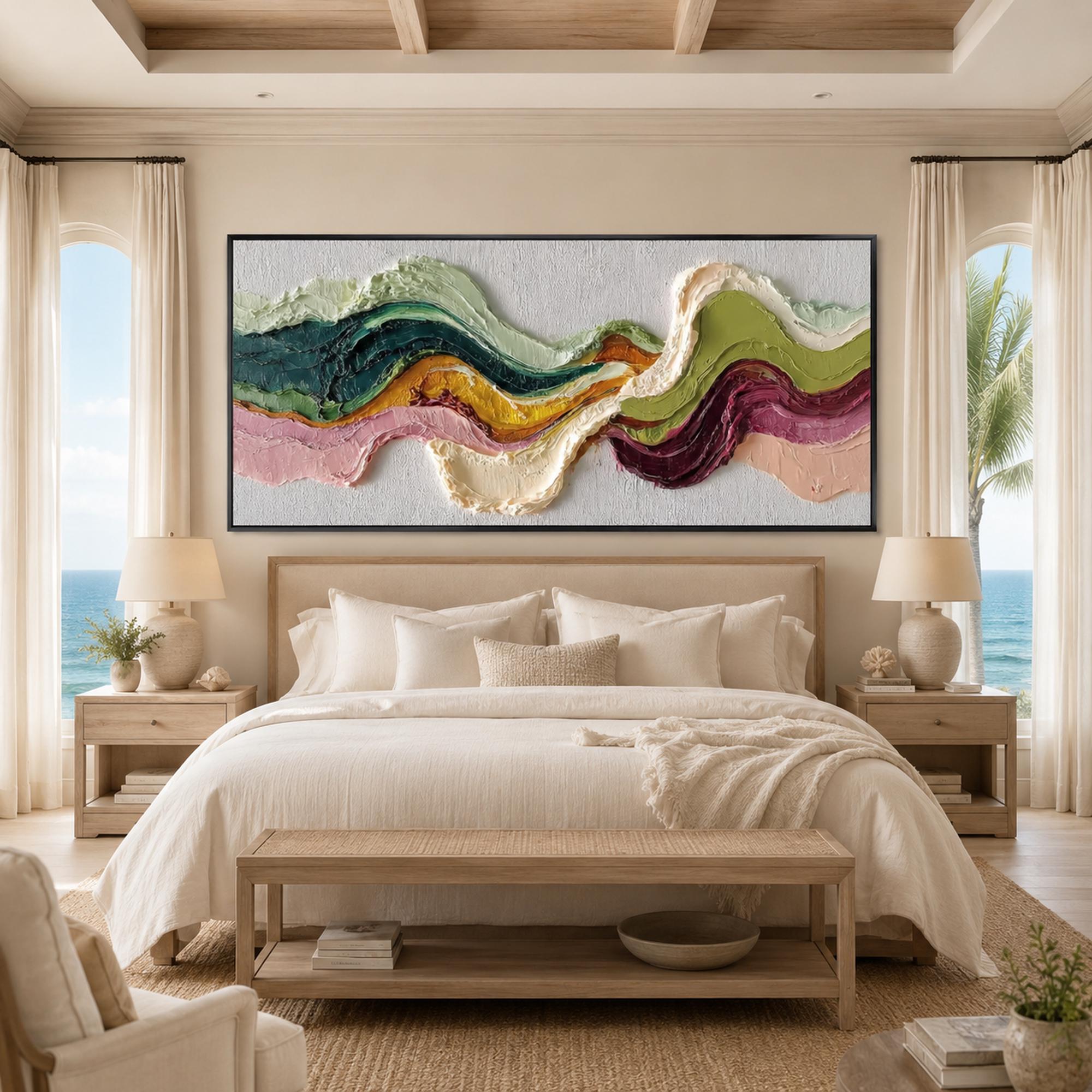 Large Colorful Abstract Wave Painting, Earth Tone 3D Textured Canvas Wall Art, Boho Wabi Sabi Home Decor For Modern Living Room
