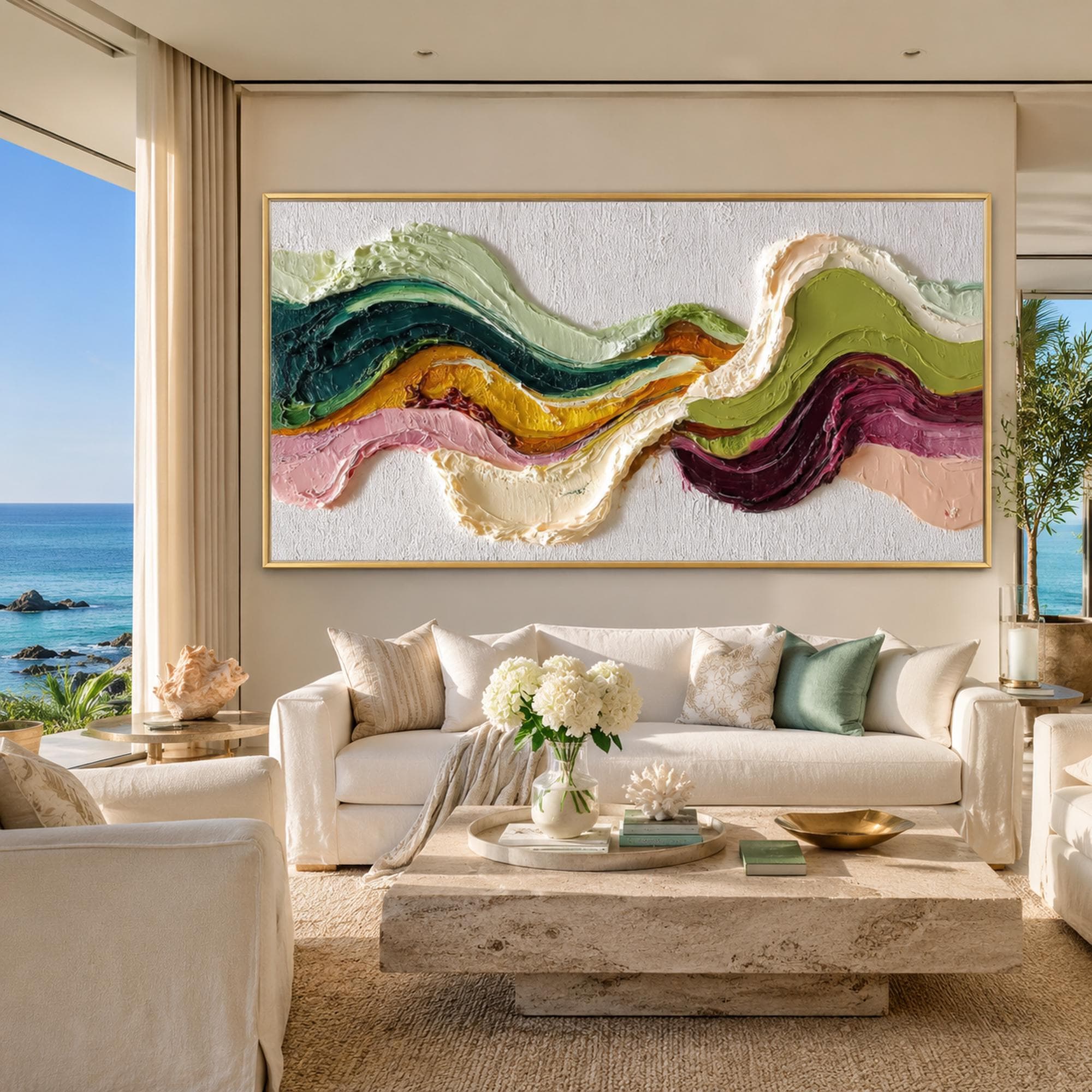 Large Colorful Abstract Wave Painting, Earth Tone 3D Textured Canvas Wall Art, Boho Wabi Sabi Home Decor For Modern Living Room