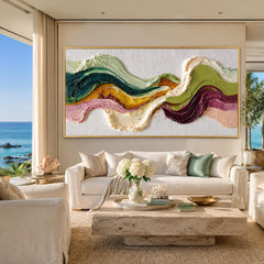 Large Colorful Abstract Wave Painting, Earth Tone 3D Textured Canvas Wall Art, Boho Wabi Sabi Home Decor For Modern Living Room