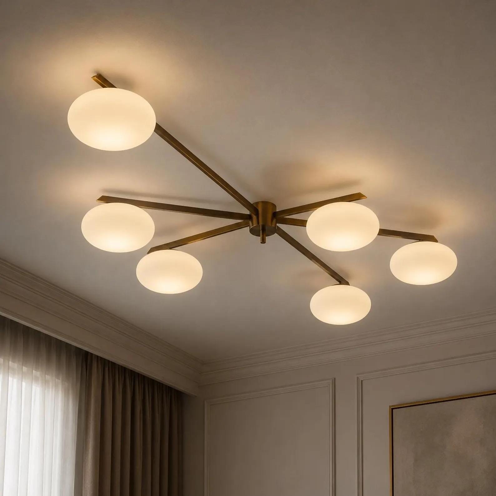 Mid Century Modern Brass Globe Chandelier | 6 Light Flush Mount