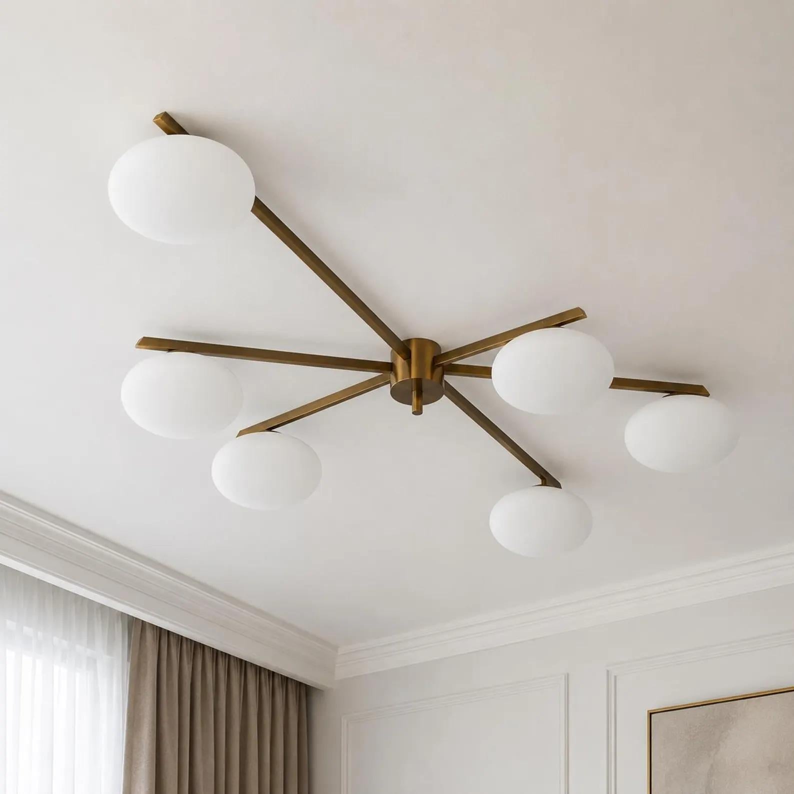 Mid Century Modern Brass Globe Chandelier | 6 Light Flush Mount