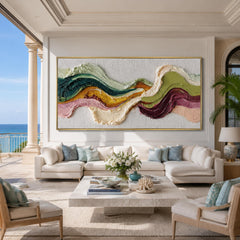 Large Colorful Abstract Wave Painting, Earth Tone 3D Textured Canvas Wall Art, Boho Wabi Sabi Home Decor For Modern Living Room