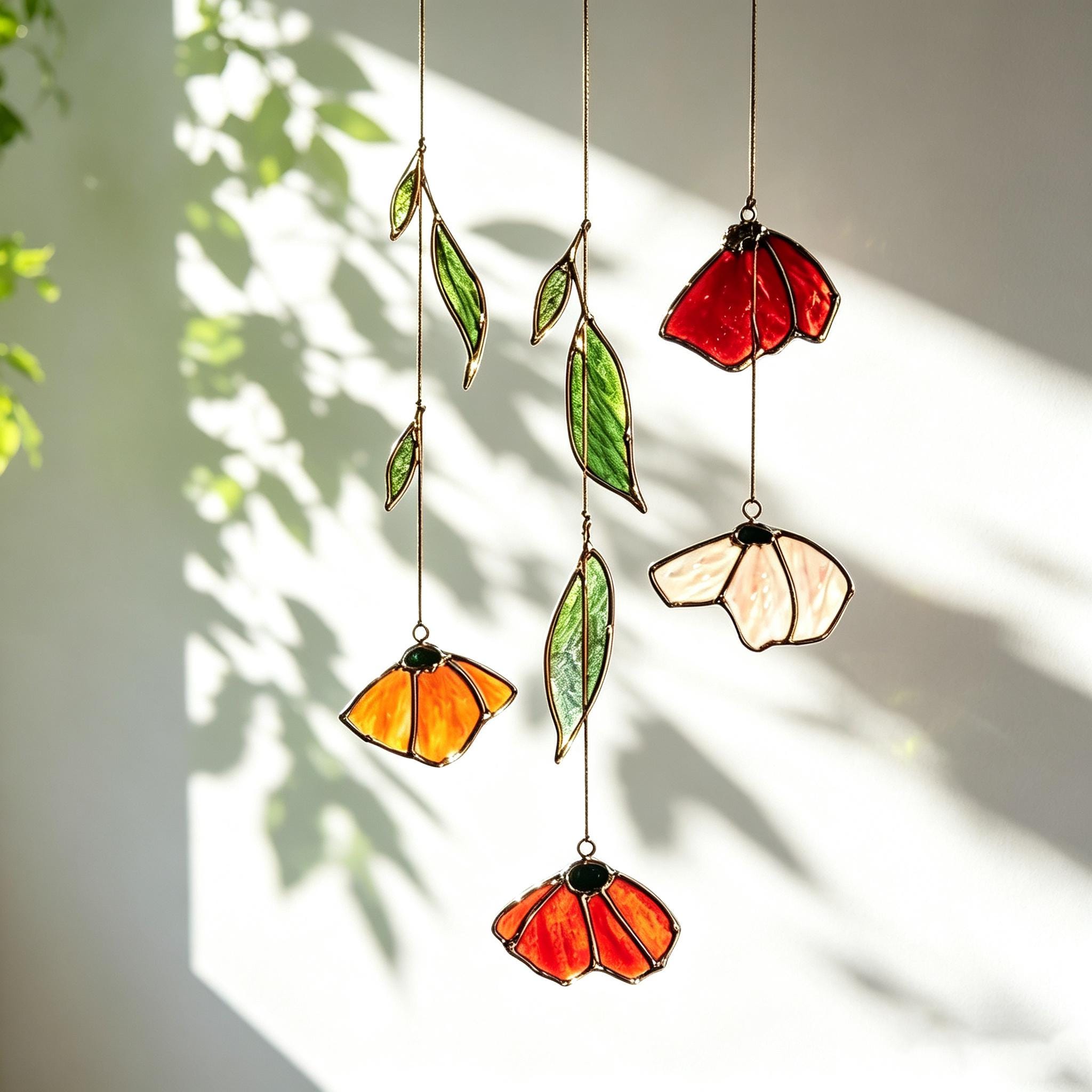 Autumn Poppy Leaf Stained Glass Suncatcher, Floral Wind Chime, Window Decor, Garden Light Catcher