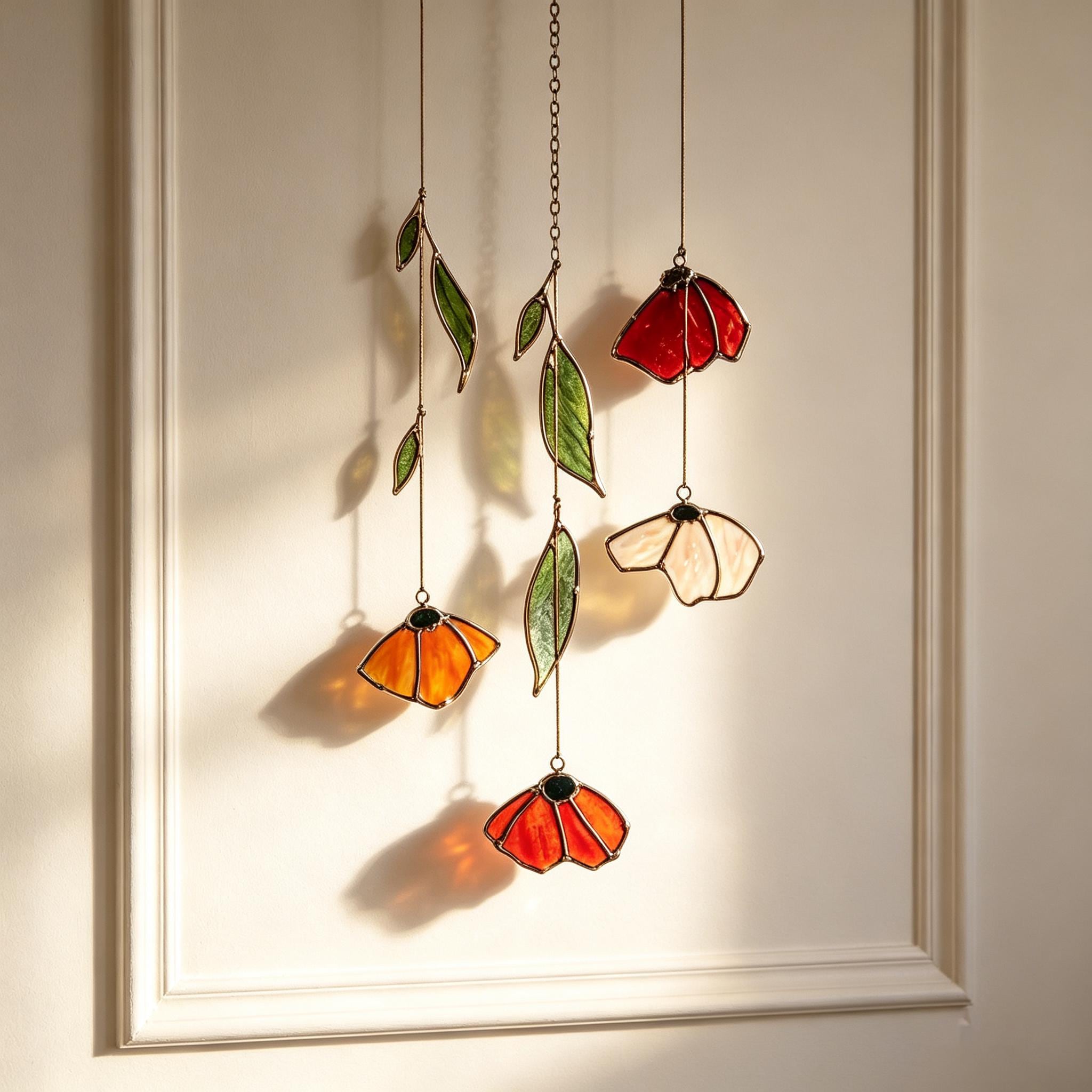 Autumn Poppy Leaf Stained Glass Suncatcher, Floral Wind Chime, Window Decor, Garden Light Catcher