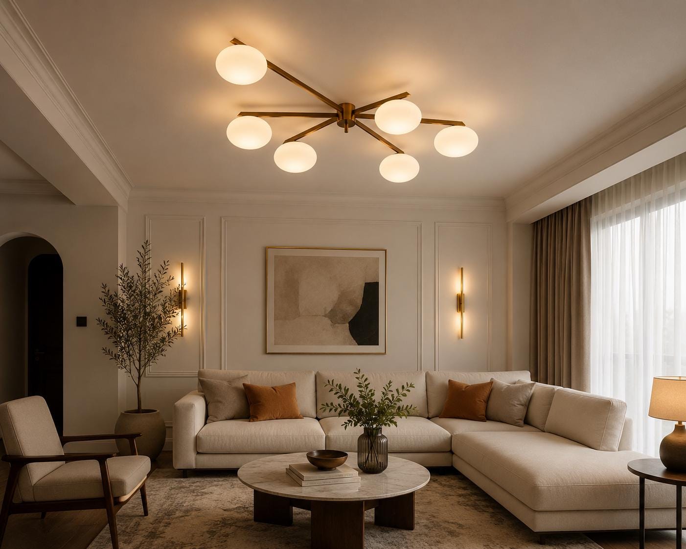 Mid Century Modern Brass Globe Chandelier | 6 Light Flush Mount