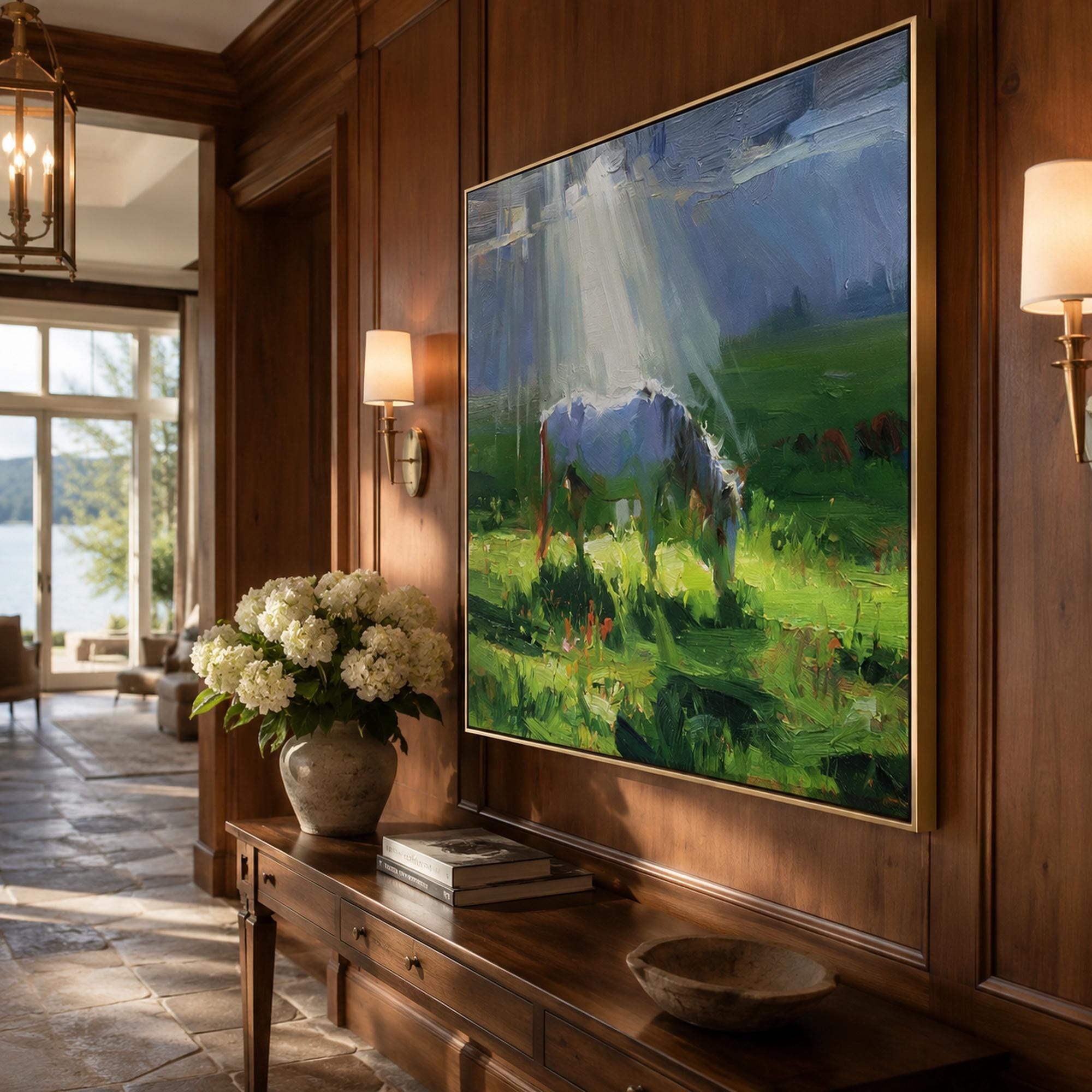 Grazing Horse Oil Painting, Sunlit Pasture Landscape Canvas
