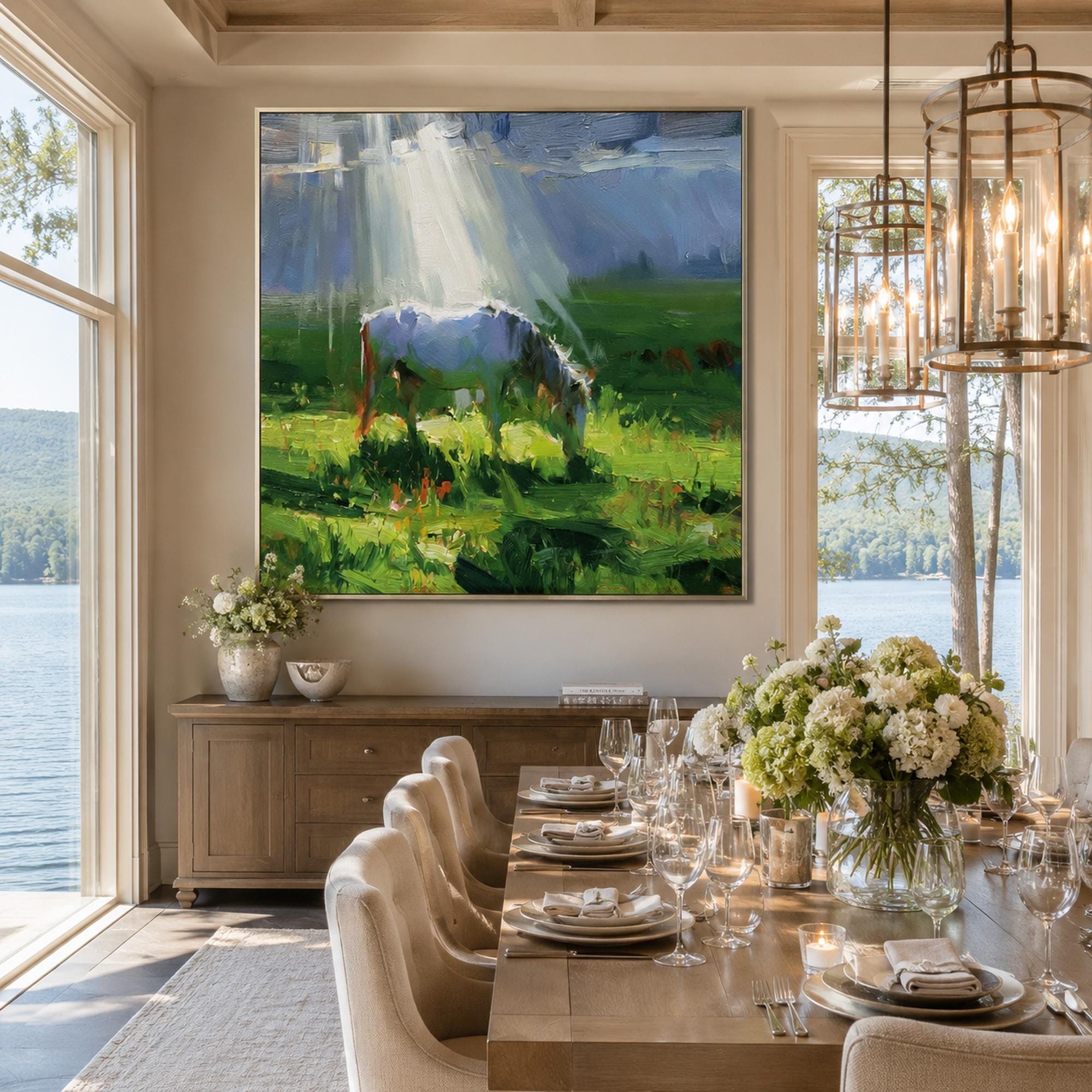 Grazing Horse Oil Painting, Sunlit Pasture Landscape Canvas