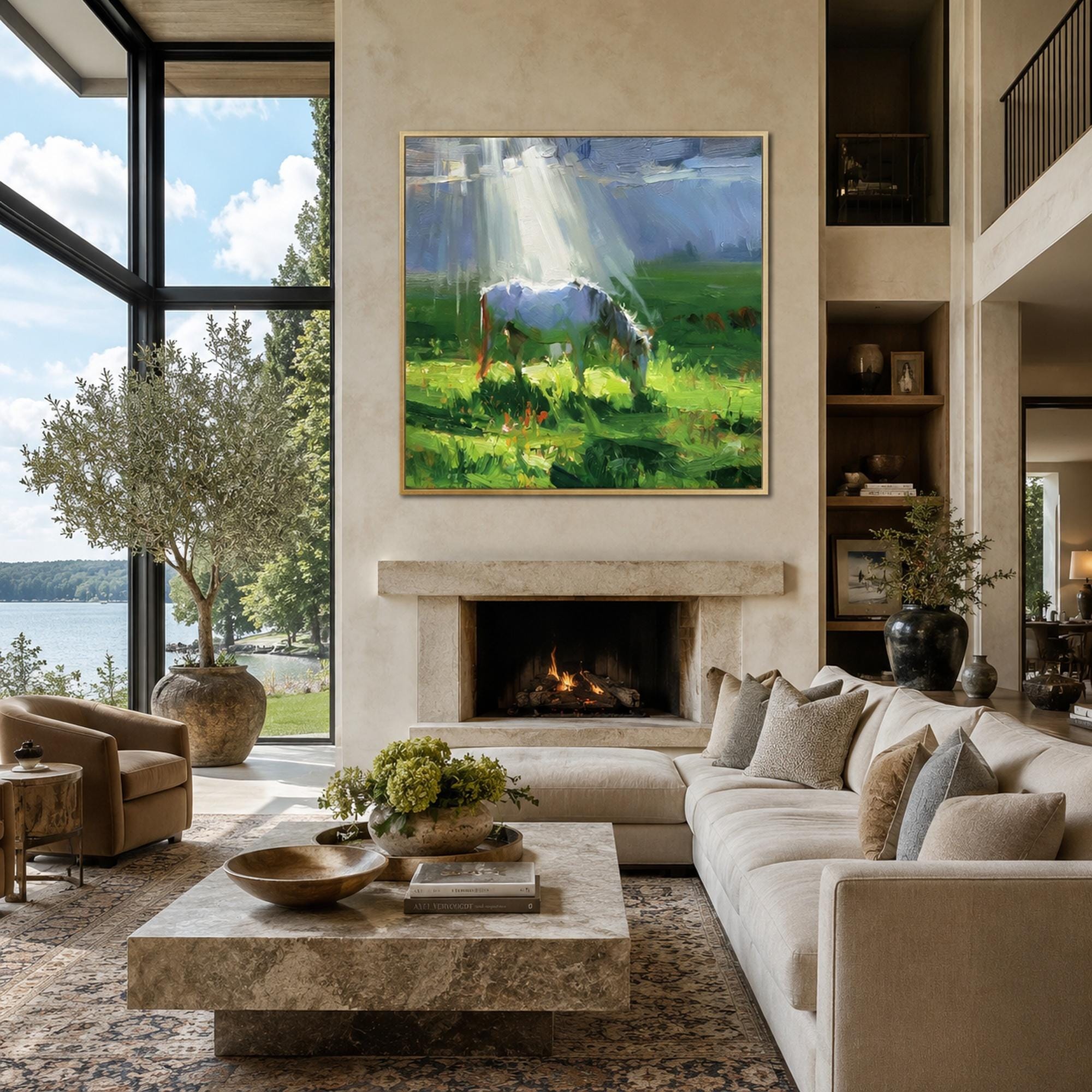 Grazing Horse Oil Painting, Sunlit Pasture Landscape Canvas