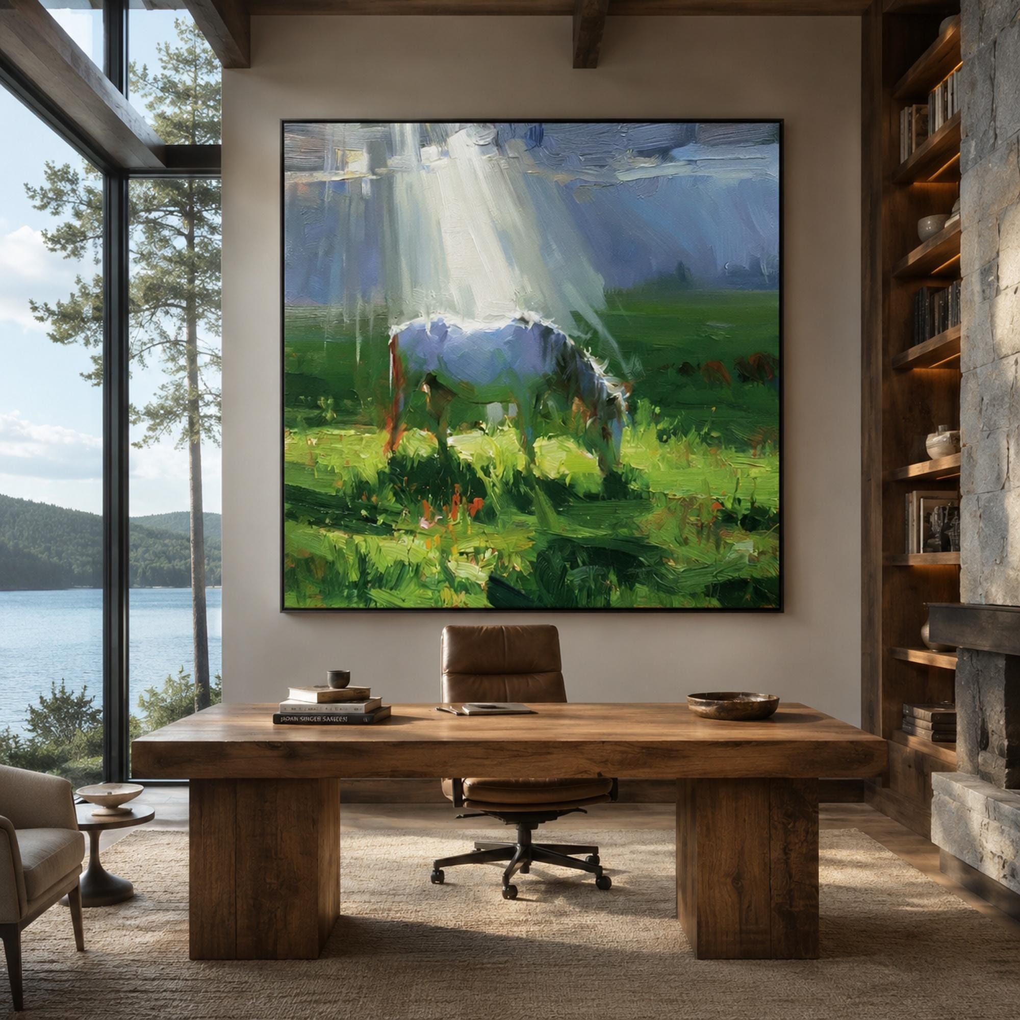 Grazing Horse Oil Painting, Sunlit Pasture Landscape Canvas