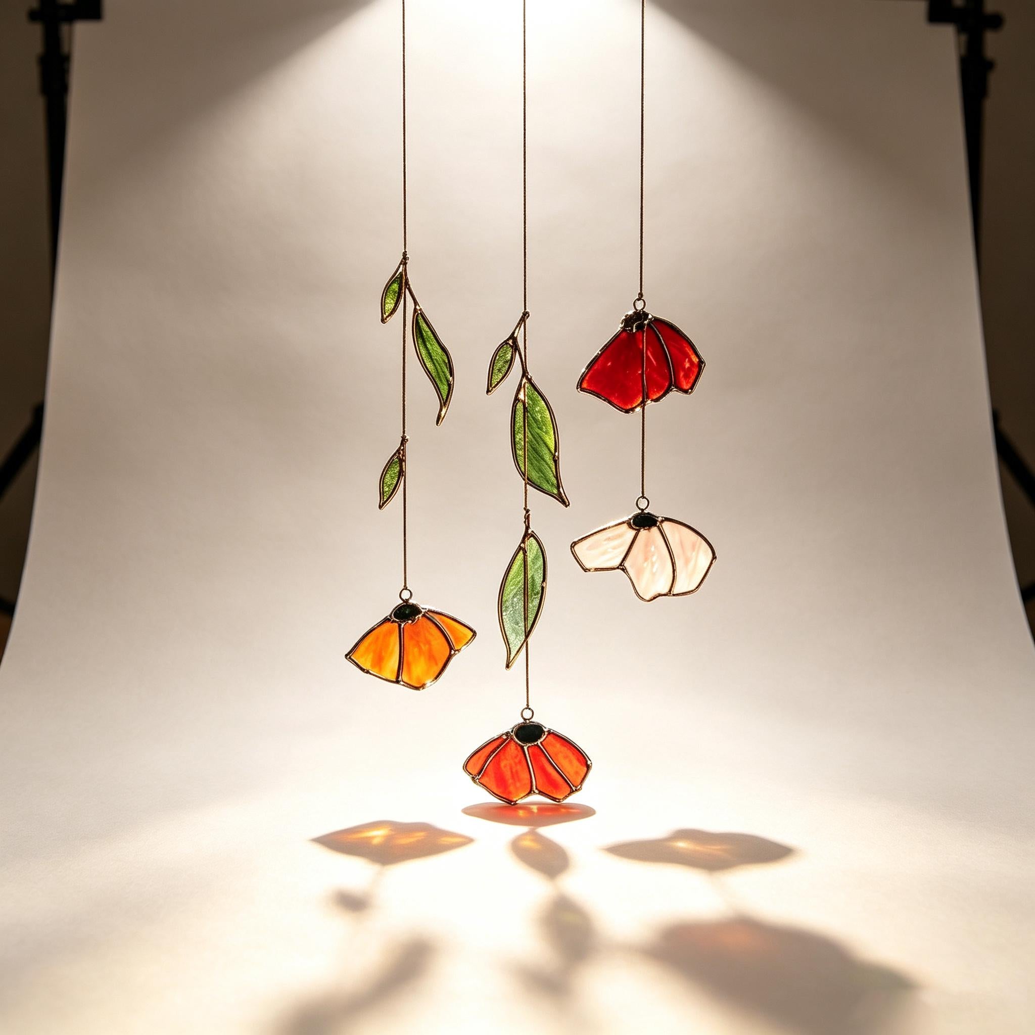 Autumn Poppy Leaf Stained Glass Suncatcher, Floral Wind Chime, Window Decor, Garden Light Catcher