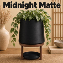 Planter with Wood-Look Stand - 3D Printed Plant Pot with Drainage - Minimalist Indoor Pot