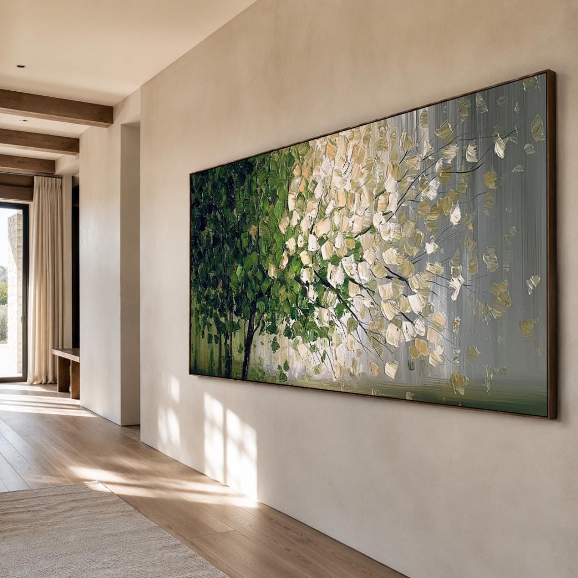 3D Textured Tree of Life Oil Painting, Large Green and Gold Landscape Canvas Art, Modern Nature Wall Decor