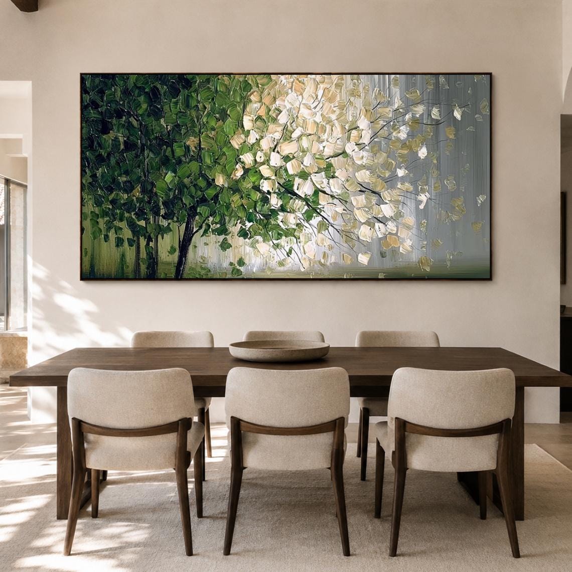 3D Textured Tree of Life Oil Painting, Large Green and Gold Landscape Canvas Art, Modern Nature Wall Decor