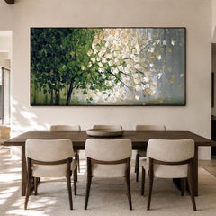 3D Textured Tree of Life Oil Painting, Large Green and Gold Landscape Canvas Art, Modern Nature Wall Decor
