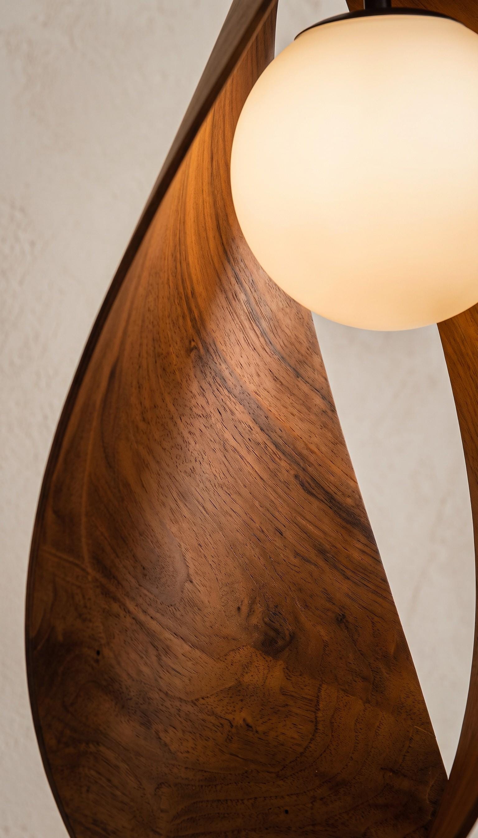 Sculptural Walnut Pendant Light, Modern Globe Ceiling Lamp