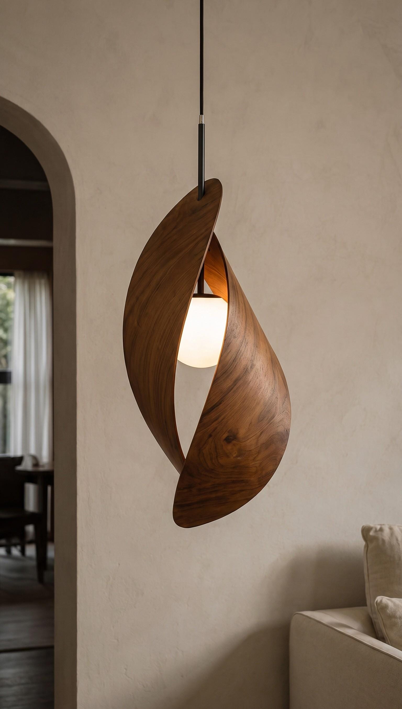 Sculptural Walnut Pendant Light, Modern Globe Ceiling Lamp