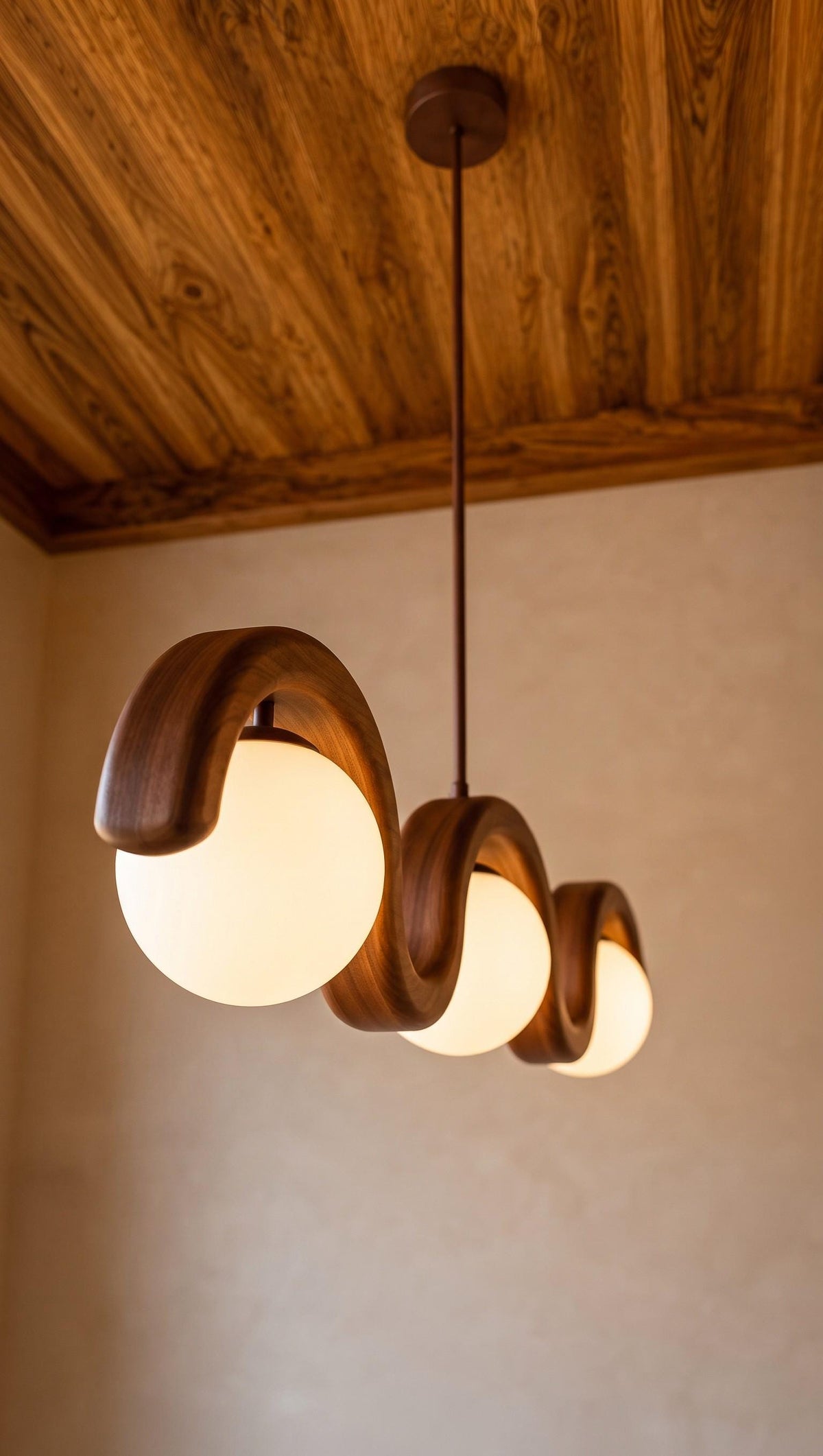 3 Globe Wood Chandelier, Sculptural Wave Pendant Light