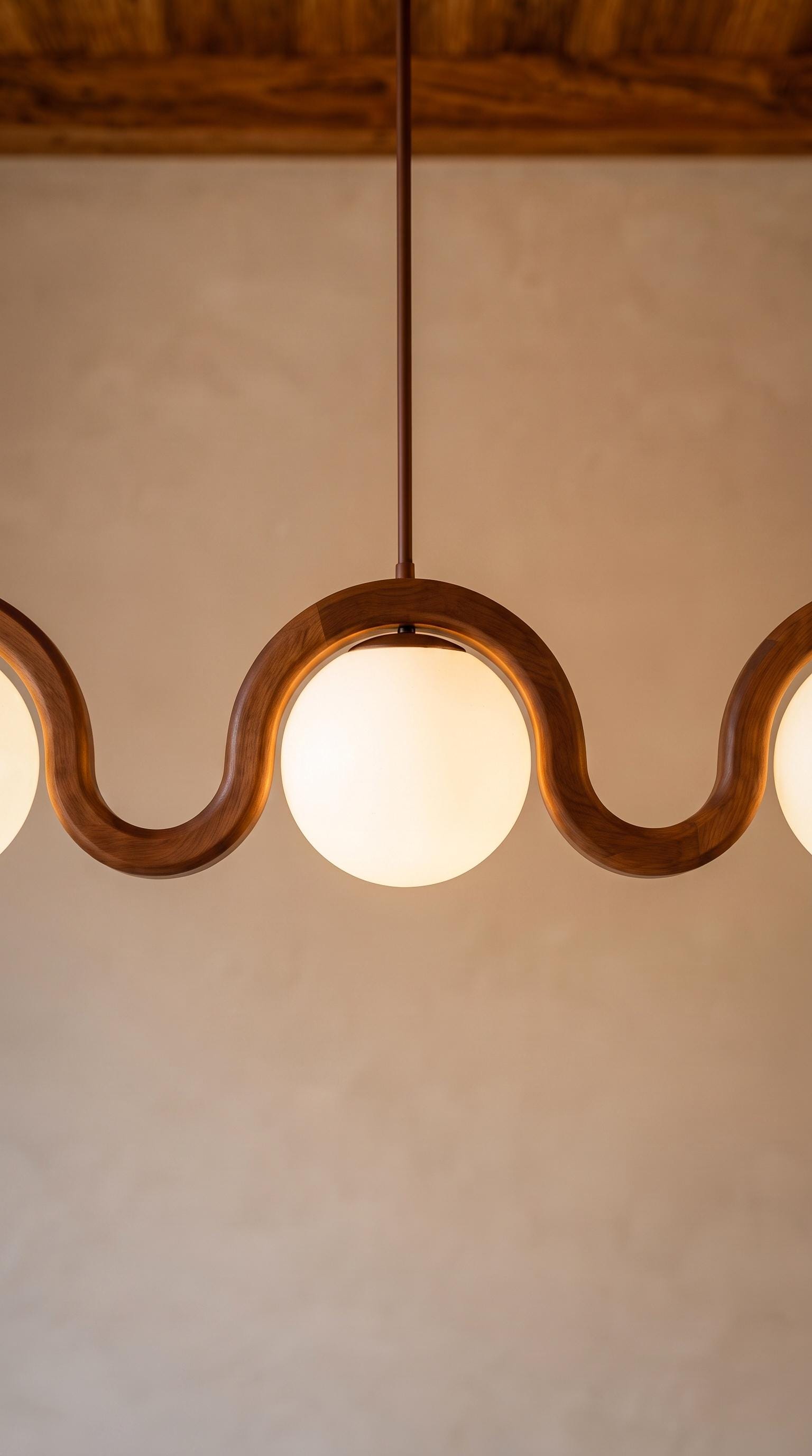 3 Globe Wood Chandelier, Sculptural Wave Pendant Light