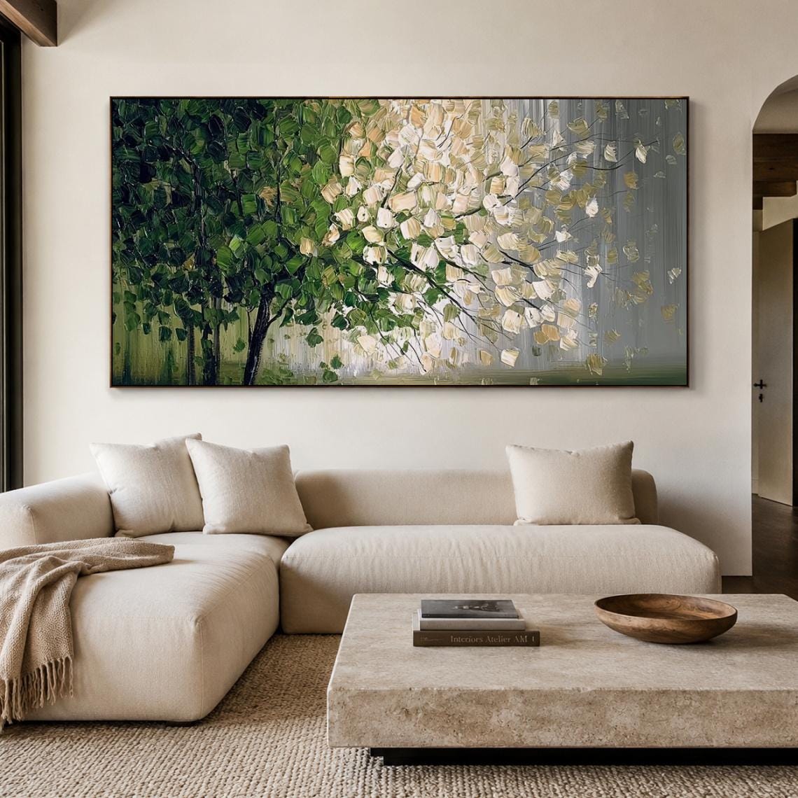 3D Textured Tree of Life Oil Painting, Large Green and Gold Landscape Canvas Art, Modern Nature Wall Decor