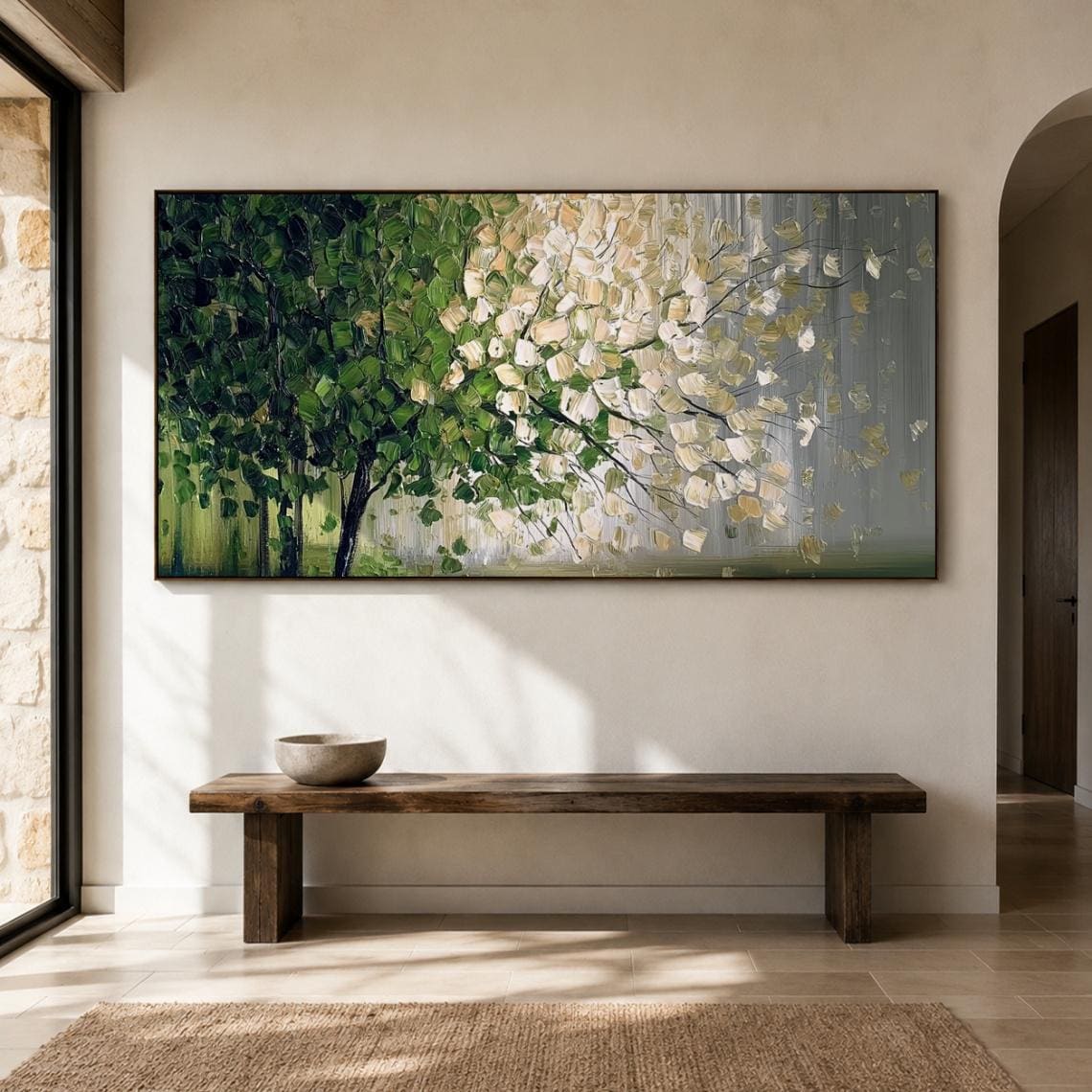 3D Textured Tree of Life Oil Painting, Large Green and Gold Landscape Canvas Art, Modern Nature Wall Decor