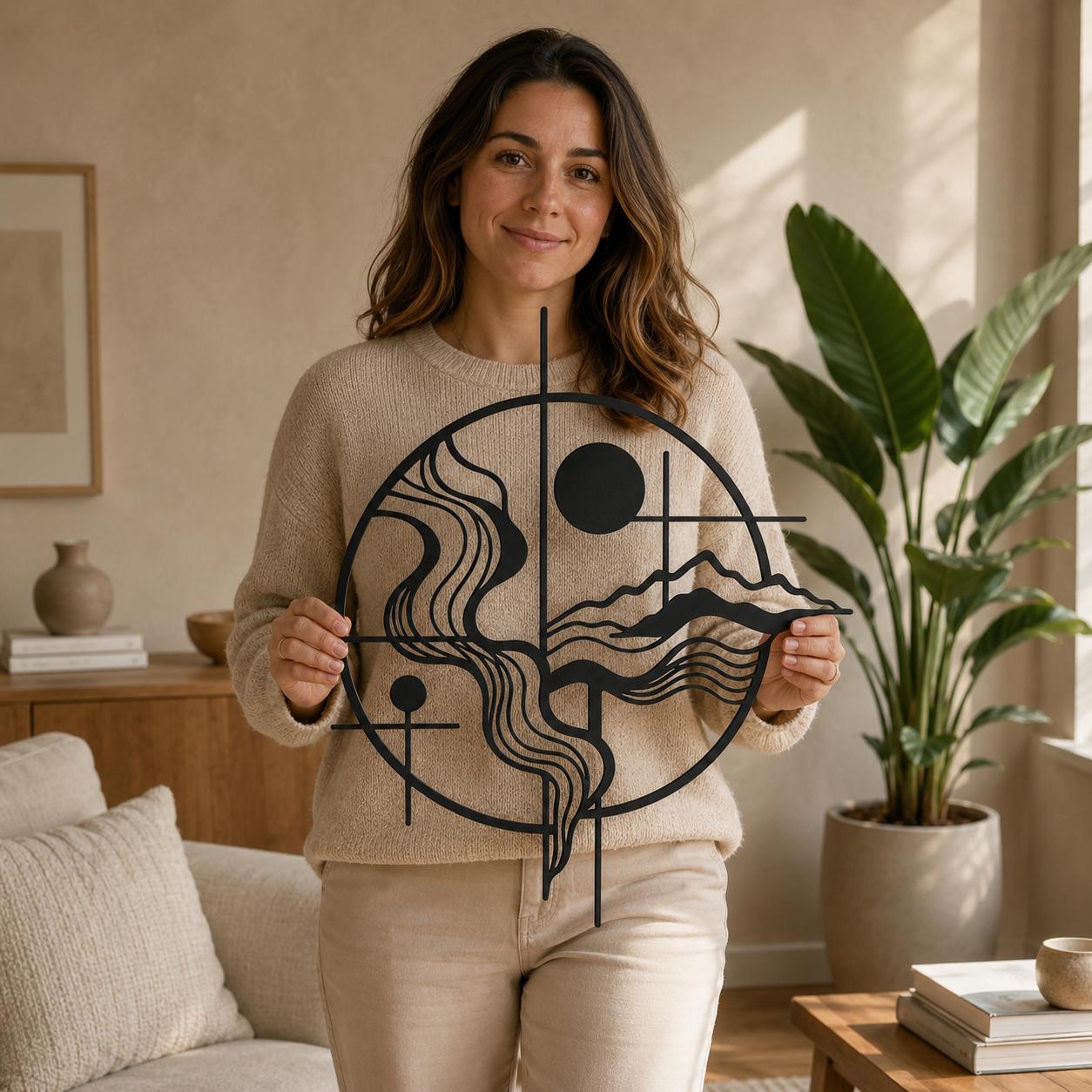 Oversized Geometric Landscape Metal Wall Art, Abstract Nature Sculpture, Modern Statement Decor