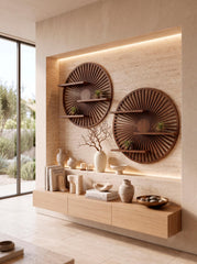 Smoked Walnut Round Wall Shelf | Sculptural Floating Shelf | Wooden Wall Decor