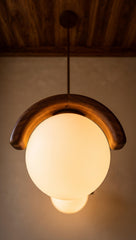 3 Globe Wood Chandelier, Sculptural Wave Pendant Light