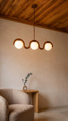 3 Globe Wood Chandelier, Sculptural Wave Pendant Light
