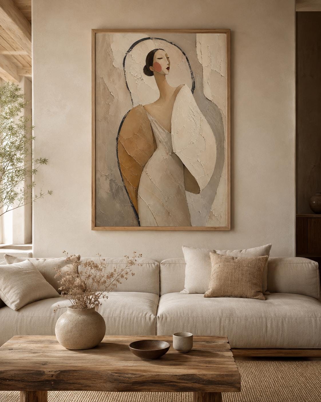 Neutral Abstract Woman Wall Art, Textured Feminine Portrait, Beige Wabi Sabi Print, Modern Bedroom Decor, Digital Download